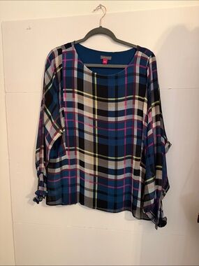 Vince Camuto Blue Plaid Scoop Neck Blouse with Pink & Yellow Stripes large
